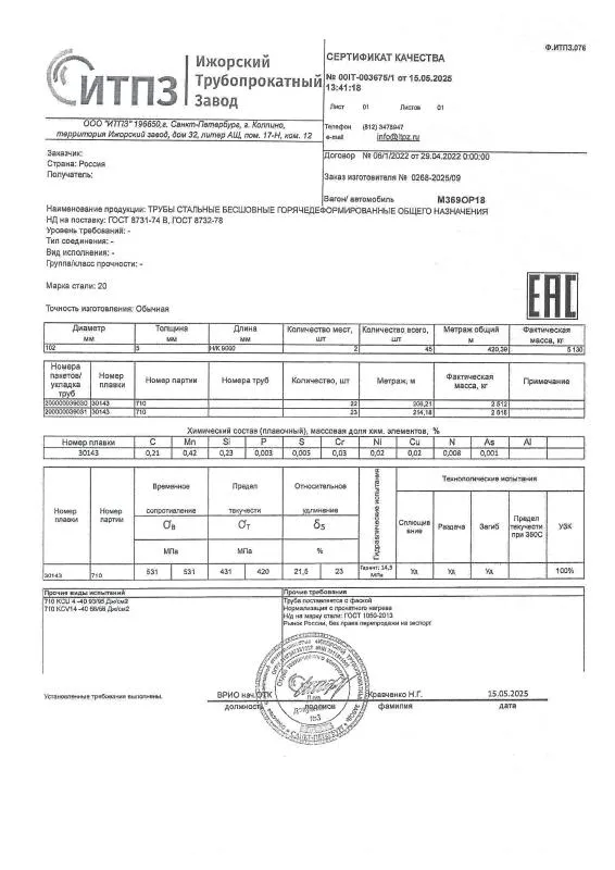 Сертификат трубы стальные бесшовные г/к
